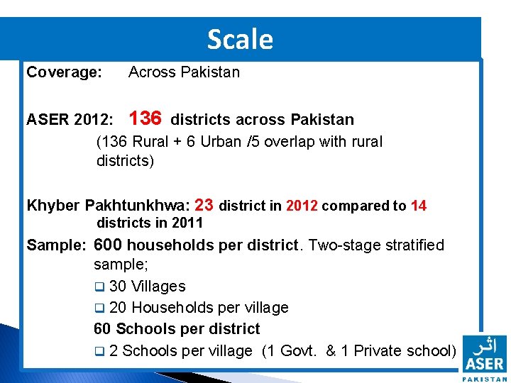 Scale Coverage: Across Pakistan ASER 2012: 136 districts across Pakistan (136 Rural + 6