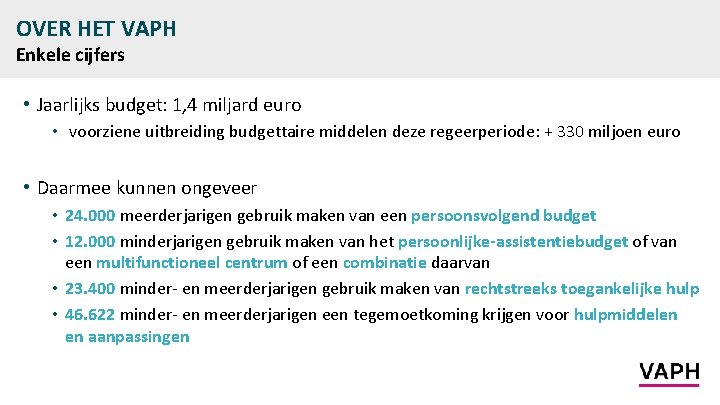 OVER HET VAPH Enkele cijfers • Jaarlijks budget: 1, 4 miljard euro • voorziene