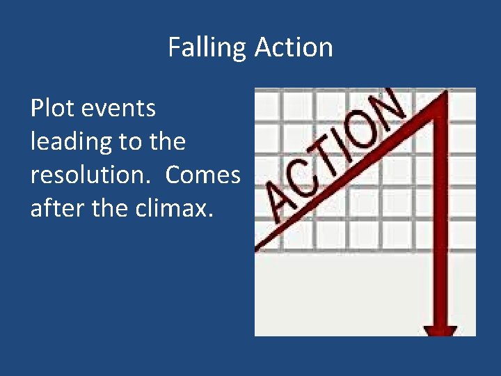 Falling Action Plot events leading to the resolution. Comes after the climax. 