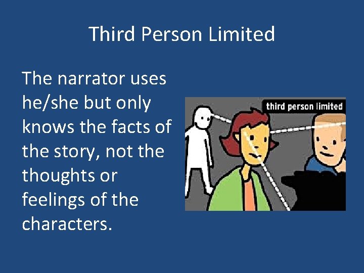 Third Person Limited The narrator uses he/she but only knows the facts of the