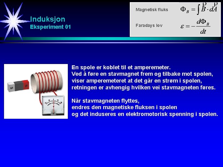 Magnetisk fluks Induksjon Eksperiment 01 Faradays lov En spole er koblet til et amperemeter.