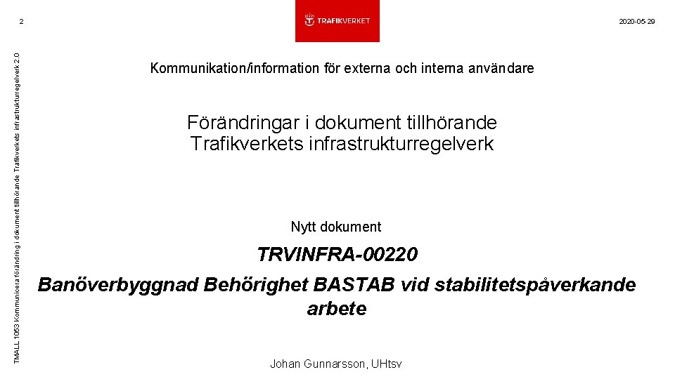 TMALL 1053 Kommunicera förändring i dokument tillhörande Trafikverkets infrastrukturregelverk 2. 0 2 2020 -05