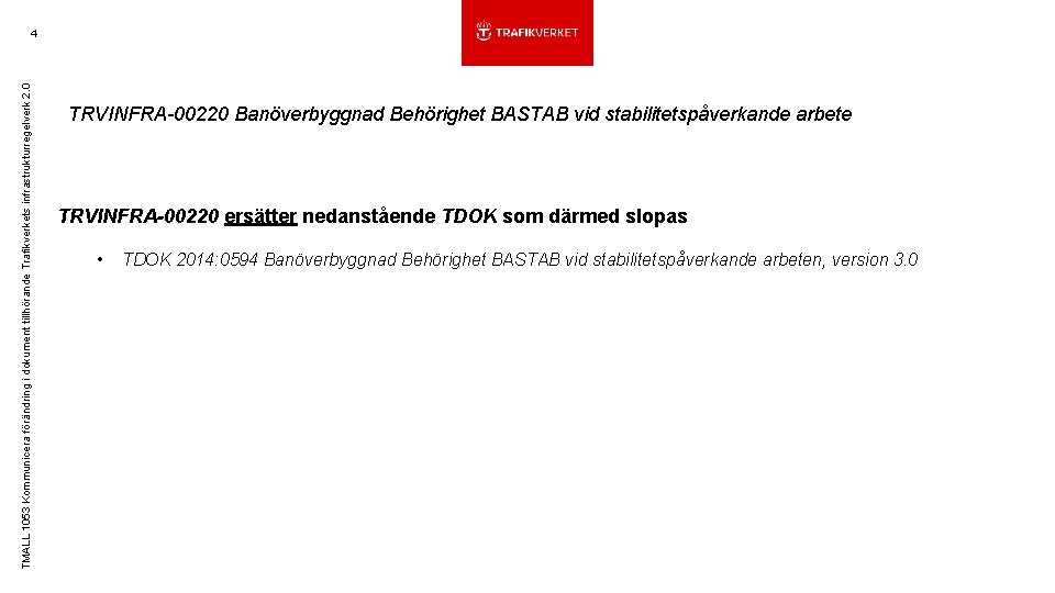 TMALL 1053 Kommunicera förändring i dokument tillhörande Trafikverkets infrastrukturregelverk 2. 0 4 TRVINFRA-00220 Banöverbyggnad