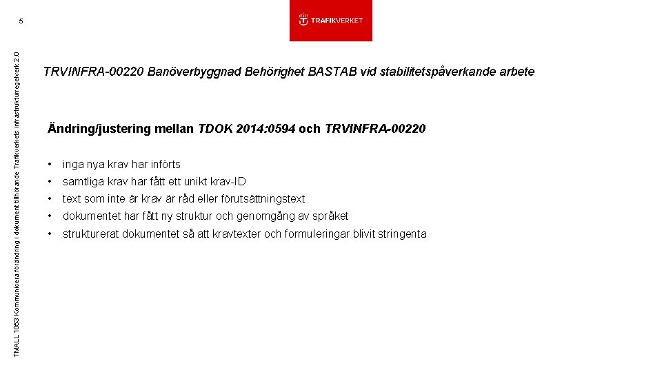 TMALL 1053 Kommunicera förändring i dokument tillhörande Trafikverkets infrastrukturregelverk 2. 0 5 TRVINFRA-00220 Banöverbyggnad