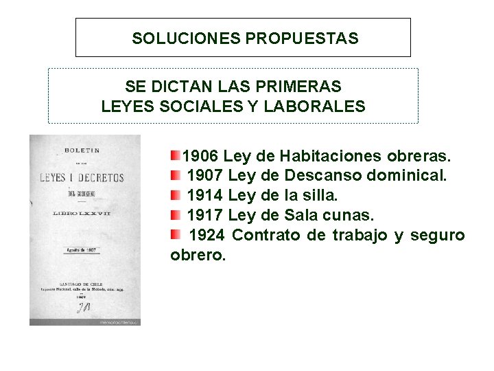 SOLUCIONES PROPUESTAS SE DICTAN LAS PRIMERAS LEYES SOCIALES Y LABORALES 1906 Ley de Habitaciones