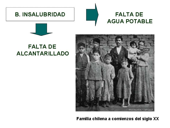 B. INSALUBRIDAD FALTA DE AGUA POTABLE FALTA DE ALCANTARILLADO Familia chilena a comienzos del