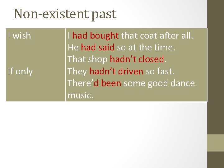 Non-existent past I wish If only I had bought that coat after all. He