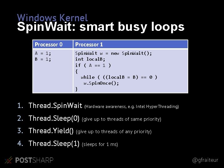 Windows Kernel Spin. Wait: smart busy loops Processor 0 Processor 1 A = 1;