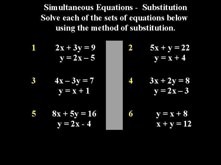 Simultaneous Equations - Substitution Solve each of the sets of equations below using the