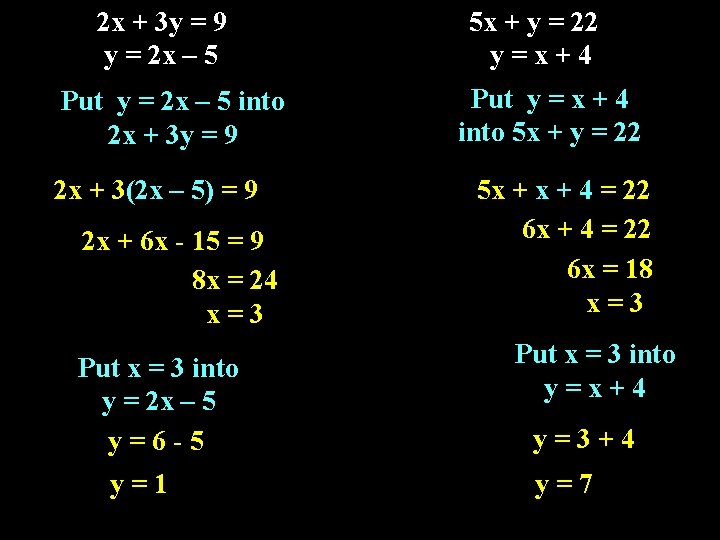 2 x + 3 y = 9 y = 2 x – 5 Put