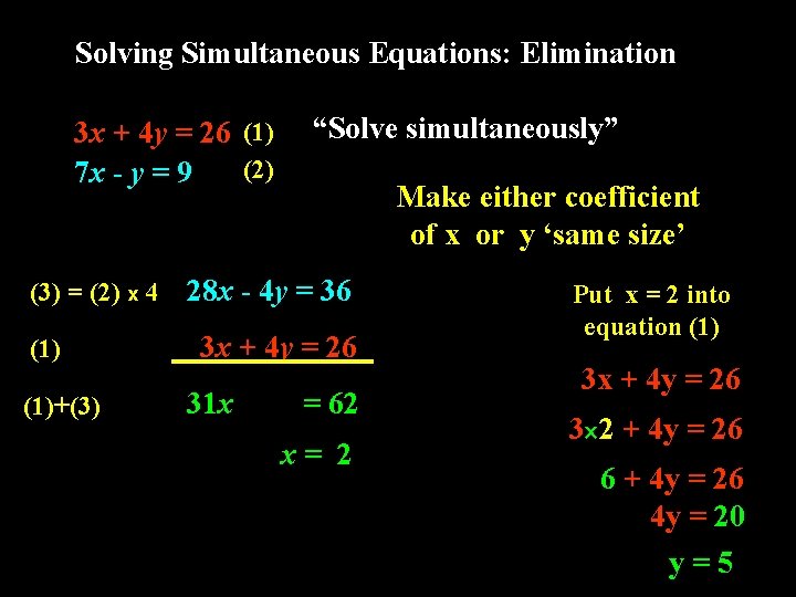 Solving Simultaneous Equations: Elimination 3 x + 4 y = 26 (1) (2) 7