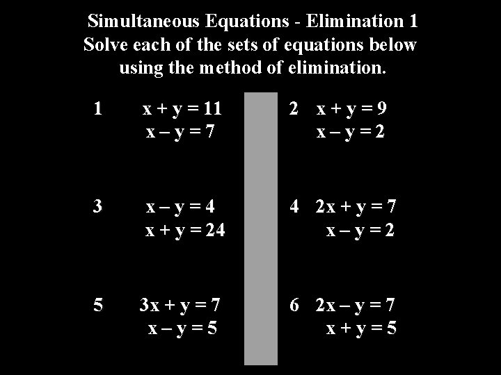 Simultaneous Equations - Elimination 1 Solve each of the sets of equations below using