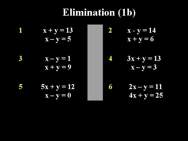 Elimination (1 b) 1 x + y = 13 x–y=5 2 x - y