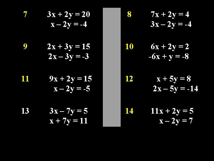 7 3 x + 2 y = 20 x – 2 y = -4