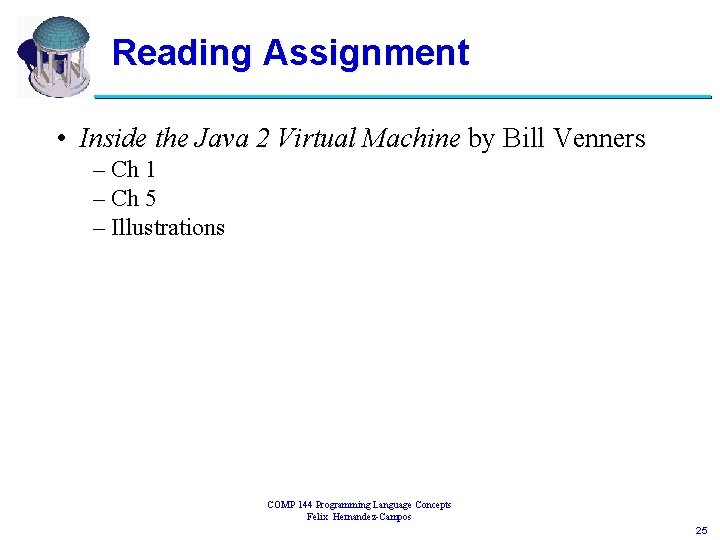 Reading Assignment • Inside the Java 2 Virtual Machine by Bill Venners – Ch