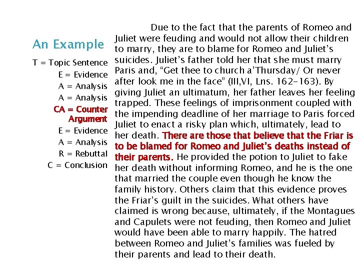 An Example T = Topic Sentence E = Evidence A = Analysis CA = An Example T = Topic Sentence E = Evidence A = Analysis CA =