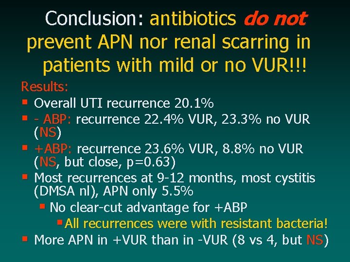 Conclusion: antibiotics do not prevent APN nor renal scarring in patients with mild or