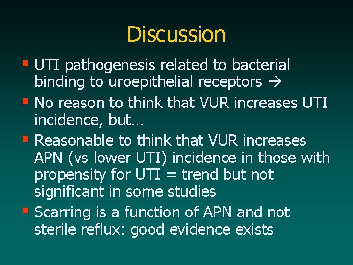 Discussion § UTI pathogenesis related to bacterial binding to uroepithelial receptors § No reason