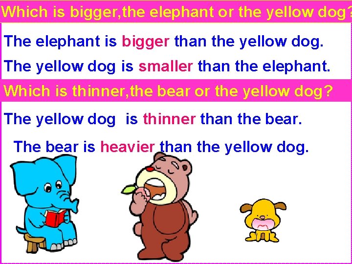 Which is bigger, the elephant or the yellow dog? The elephant is bigger than