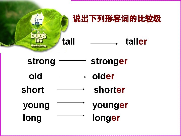 说出下列形容词的比较级 tall strong 绿色圃中小学教育网http: //www. Lspjy. com taller stronger old short older shorter young