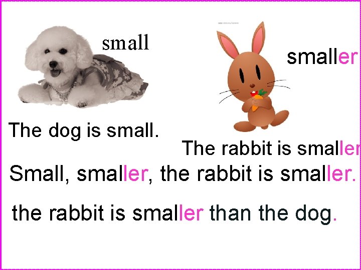 small The dog is smaller The rabbit is smaller Small, smaller, the rabbit is