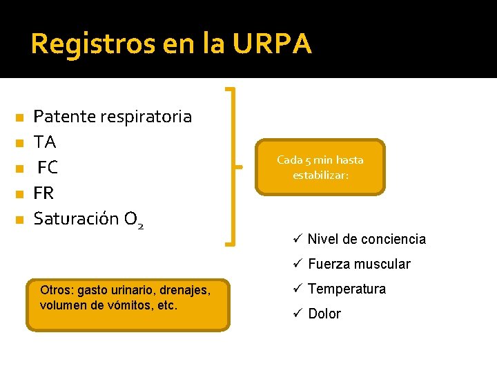 Registros en la URPA n n n Patente respiratoria TA FC FR Saturación O