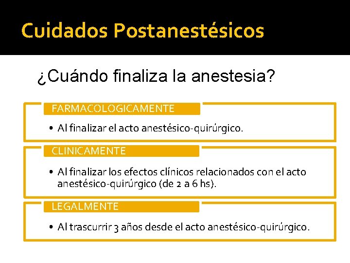 Cuidados Postanestésicos ¿Cuándo finaliza la anestesia? FARMACOLOGICAMENTE • Al finalizar el acto anestésico-quirúrgico. CLINICAMENTE