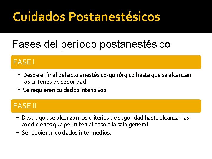 Cuidados Postanestésicos Fases del período postanestésico FASE I • Desde el final del acto