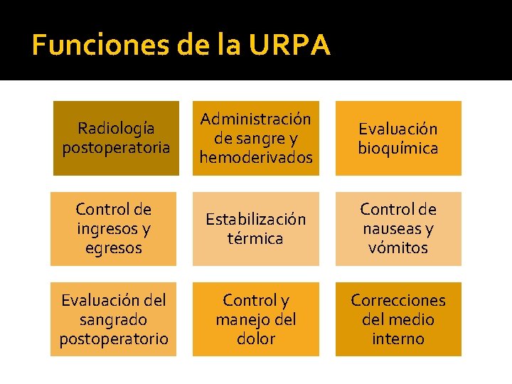 Funciones de la URPA Radiología postoperatoria Administración de sangre y hemoderivados Evaluación bioquímica Control