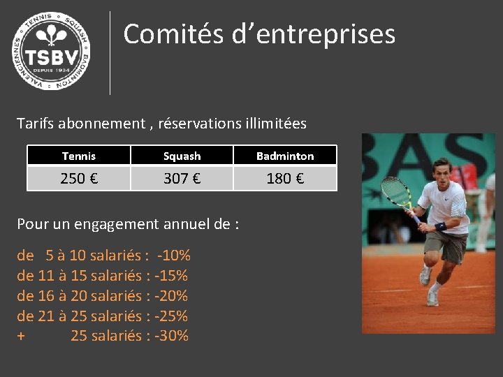 Comités d’entreprises Tarifs abonnement , réservations illimitées Tennis Squash Badminton 250 € 307 €