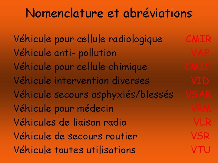 Nomenclature et abréviations Véhicule pour cellule radiologique Véhicule anti- pollution Véhicule pour cellule chimique