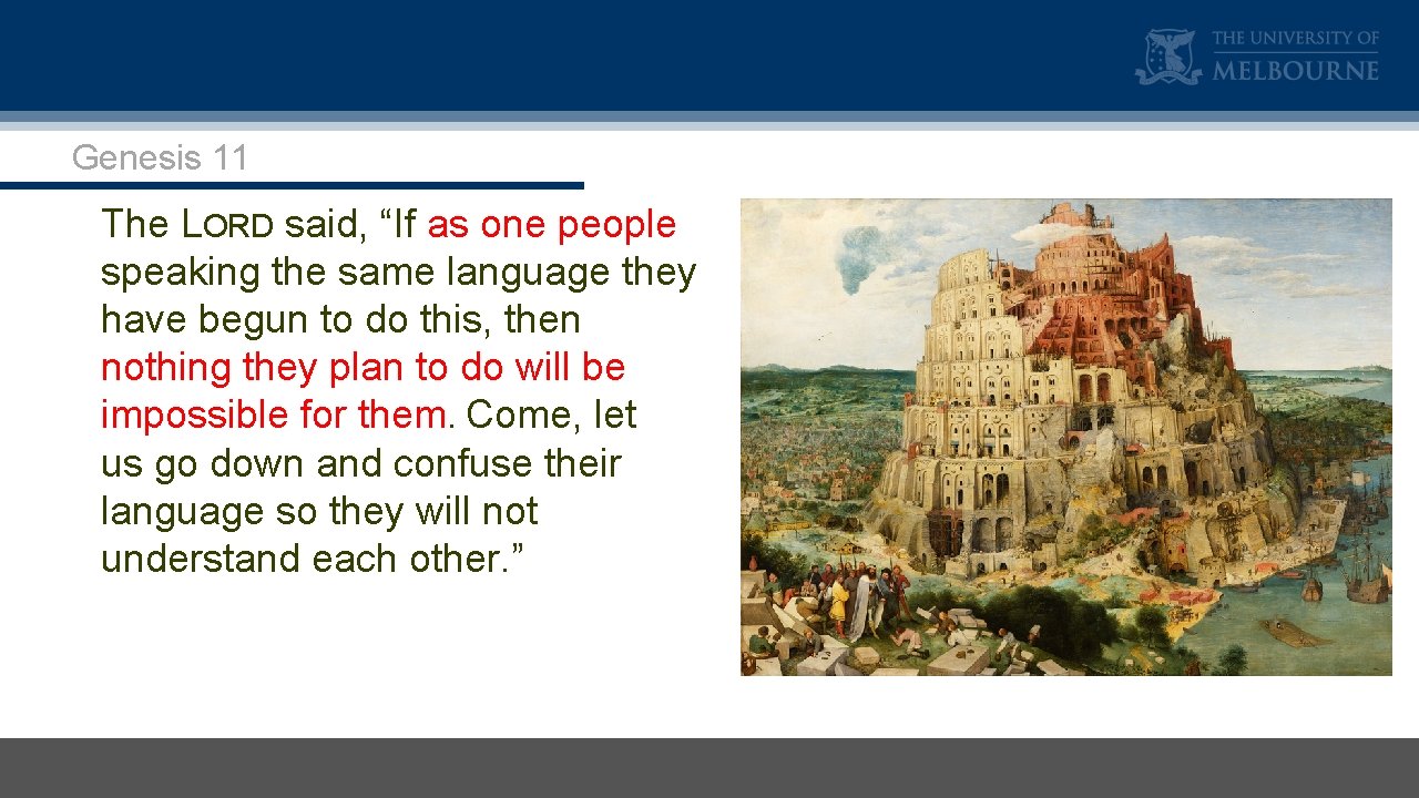 Genesis 11 The LORD said, “If as one people speaking the same language they