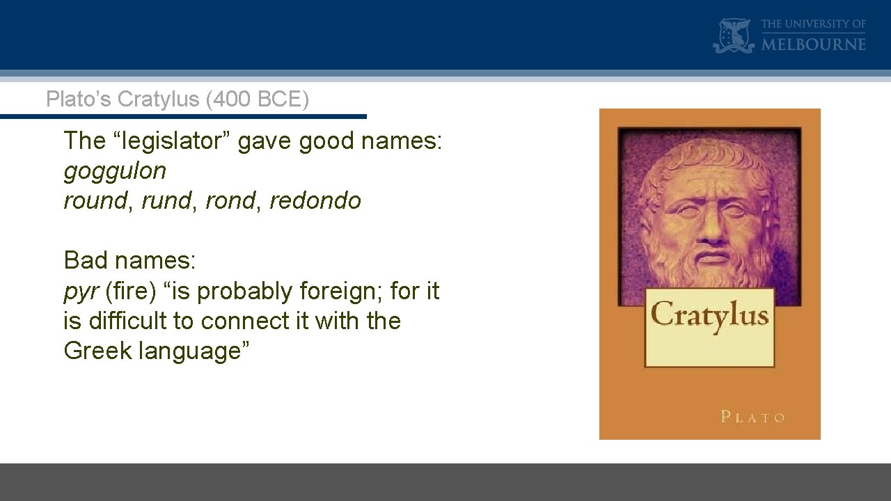 Plato’s Cratylus (400 BCE) The “legislator” gave good names: goggulon round, rond, redondo Bad