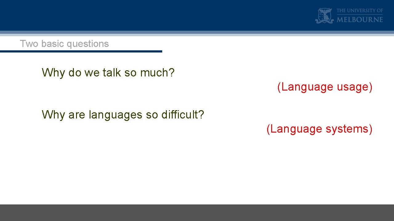 Two basic questions Why do we talk so much? (Language usage) Why are languages