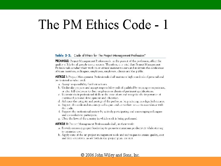 The PM Ethics Code - 1 © 2006 John Wiley and Sons, Inc. 