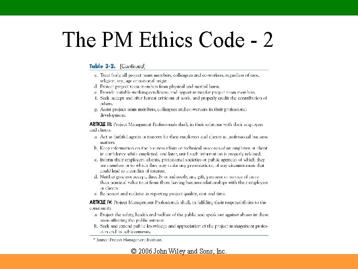The PM Ethics Code - 2 © 2006 John Wiley and Sons, Inc. 