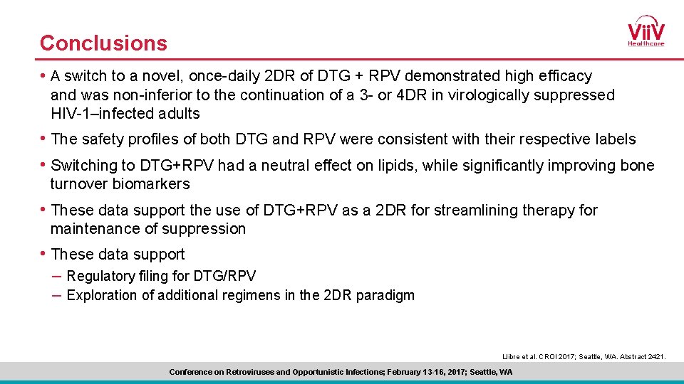 Conclusions • A switch to a novel, once-daily 2 DR of DTG + RPV