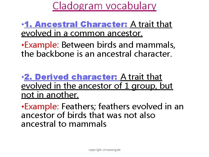 Cladogram vocabulary • 1. Ancestral Character: A trait that evolved in a common ancestor.