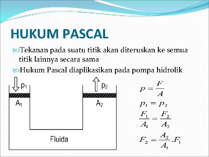 HUKUM PASCAL Tekanan pada suatu titik akan diteruskan ke semua titik lainnya secara sama