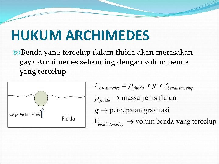 HUKUM ARCHIMEDES Benda yang tercelup dalam fluida akan merasakan gaya Archimedes sebanding dengan volum