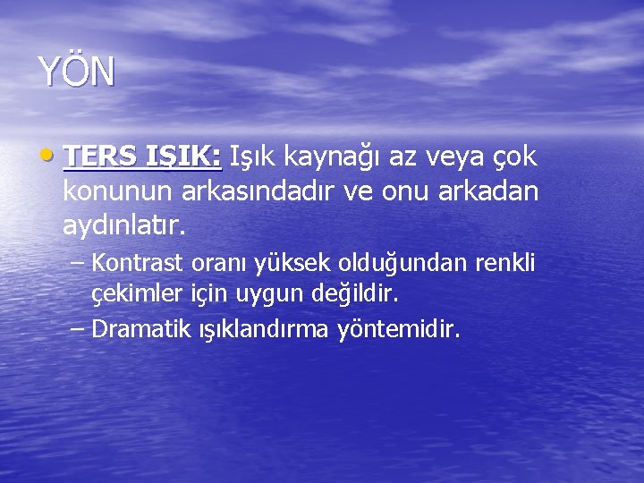 YÖN • TERS IŞIK: Işık kaynağı az veya çok konunun arkasındadır ve onu arkadan