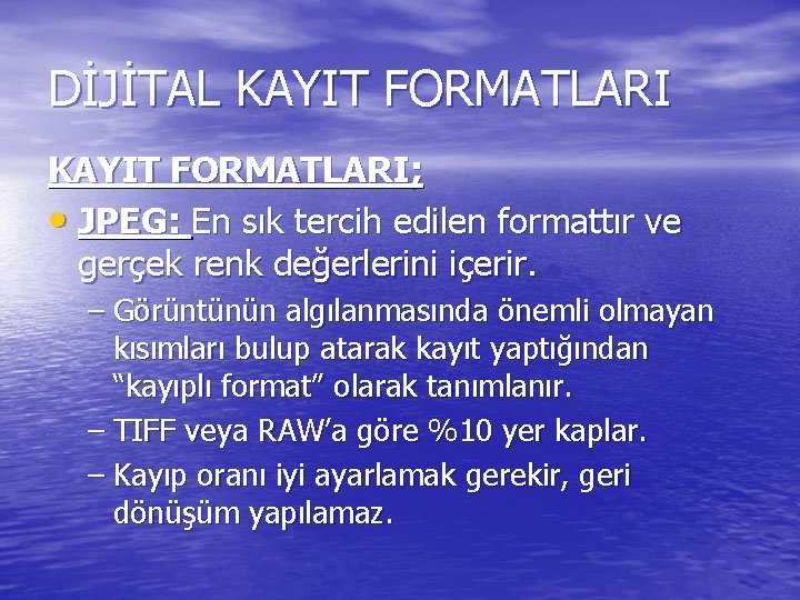 DİJİTAL KAYIT FORMATLARI; • JPEG: En sık tercih edilen formattır ve gerçek renk değerlerini