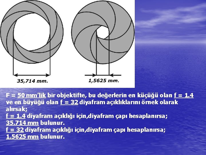 F = 50 mm’lik bir objektifte, bu değerlerin en küçüğü olan f = 1.