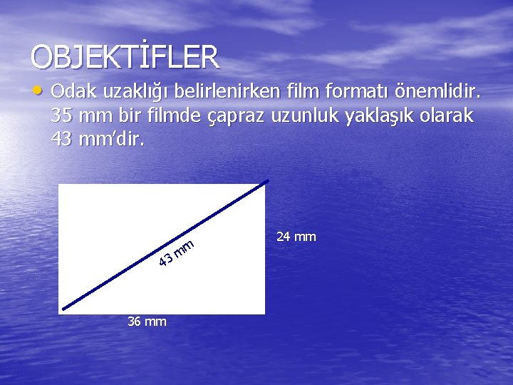 OBJEKTİFLER • Odak uzaklığı belirlenirken film formatı önemlidir. 35 mm bir filmde çapraz uzunluk