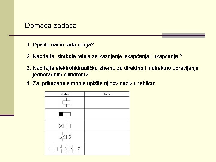 Domaća zadaća 1. Opišite način rada releja? 2. Nacrtajte simbole releja za kašnjenje iskapčanja