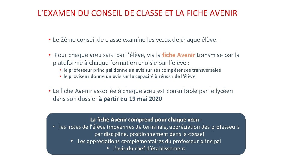 L’EXAMEN DU CONSEIL DE CLASSE ET LA FICHE AVENIR • Le 2ème conseil de