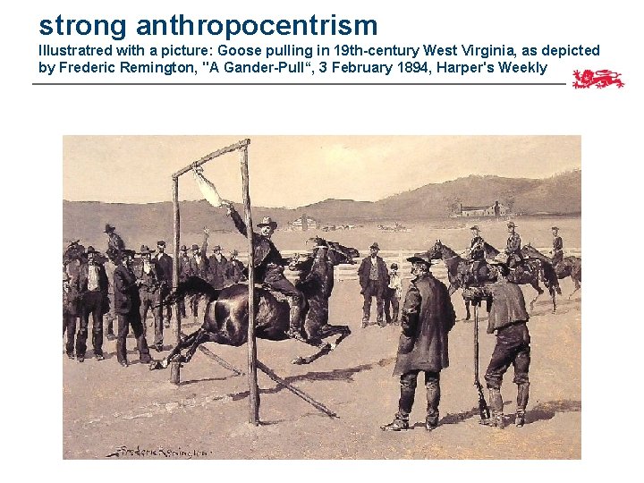 strong anthropocentrism Illustratred with a picture: Goose pulling in 19 th-century West Virginia, as