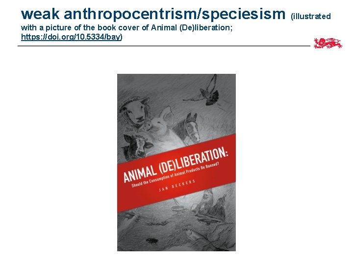 weak anthropocentrism/speciesism (illustrated with a picture of the book cover of Animal (De)liberation; https: