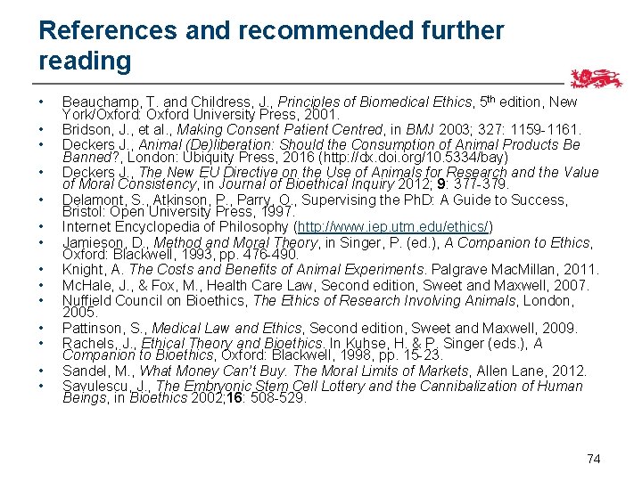 References and recommended further reading • • • • Beauchamp, T. and Childress, J.