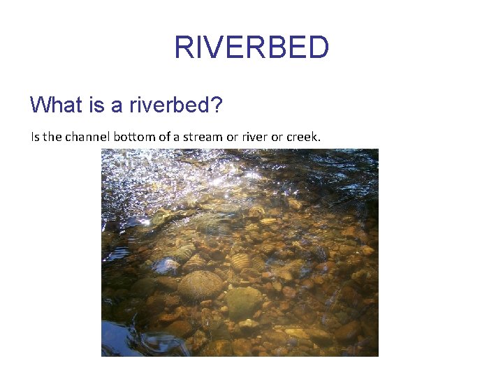 RIVERBED What is a riverbed? Is the channel bottom of a stream or river